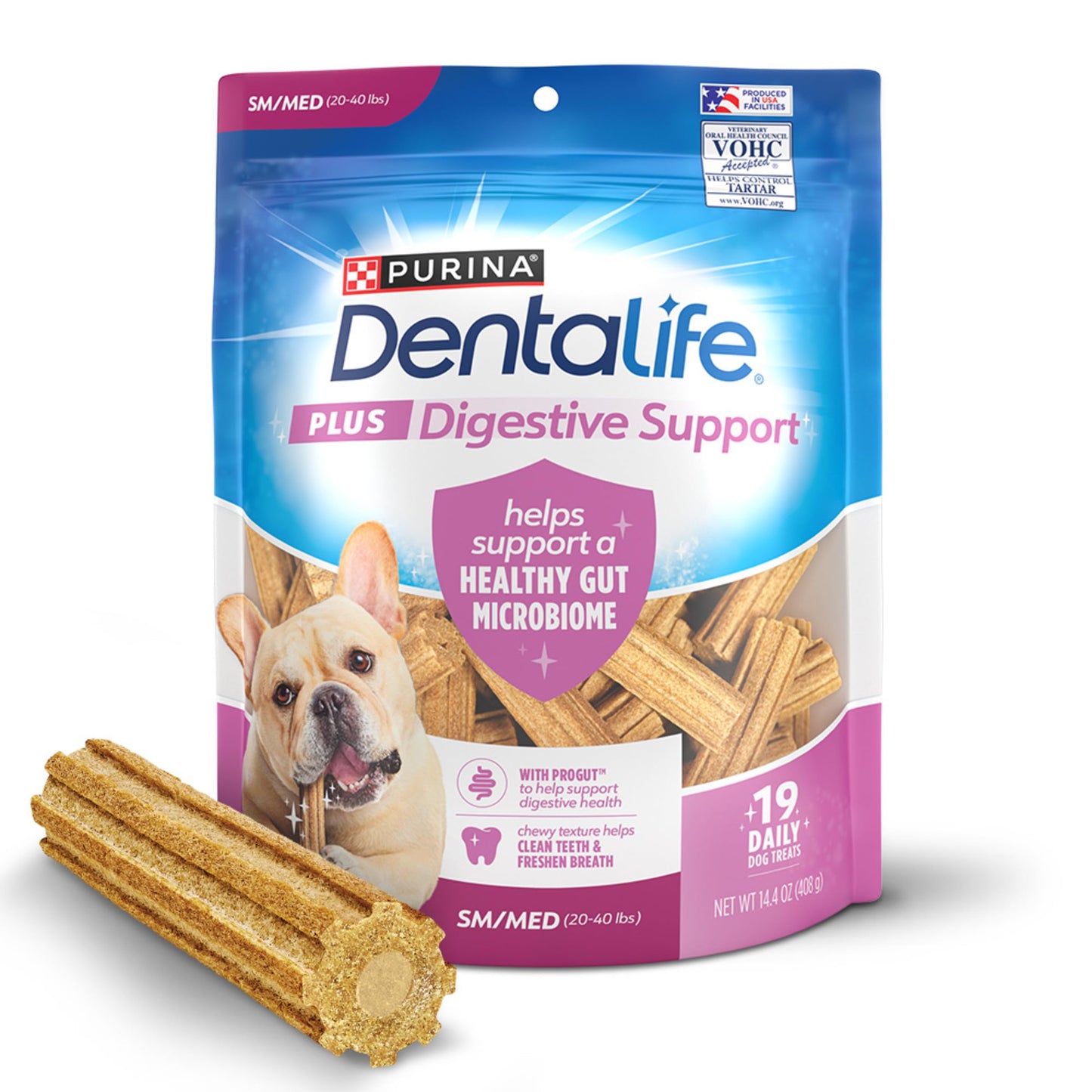 DentaLife Plus Digestive Support Dog Treats for Small and Medium Dogs, Cleans Teeth, Freshens Breath, & Supports Healthy Gut, Chicken & Pumpkin Flavor, 14.4 oz., 19 Chews - 19 ct. Pouch