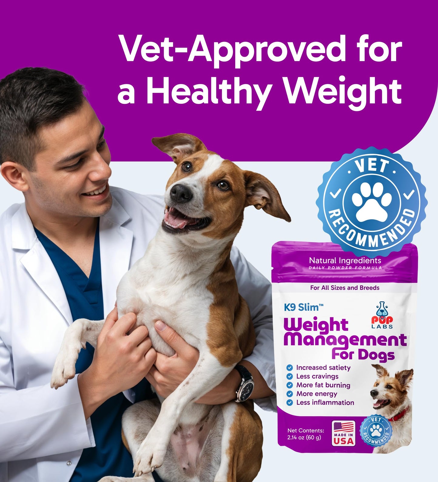 Pup Labs K9 Slim Dog Weight Loss Supplement, Natural Weight Management Dog Food Topper for Less Cravings, More Fat Burning and Energy, 2.14 oz Bag