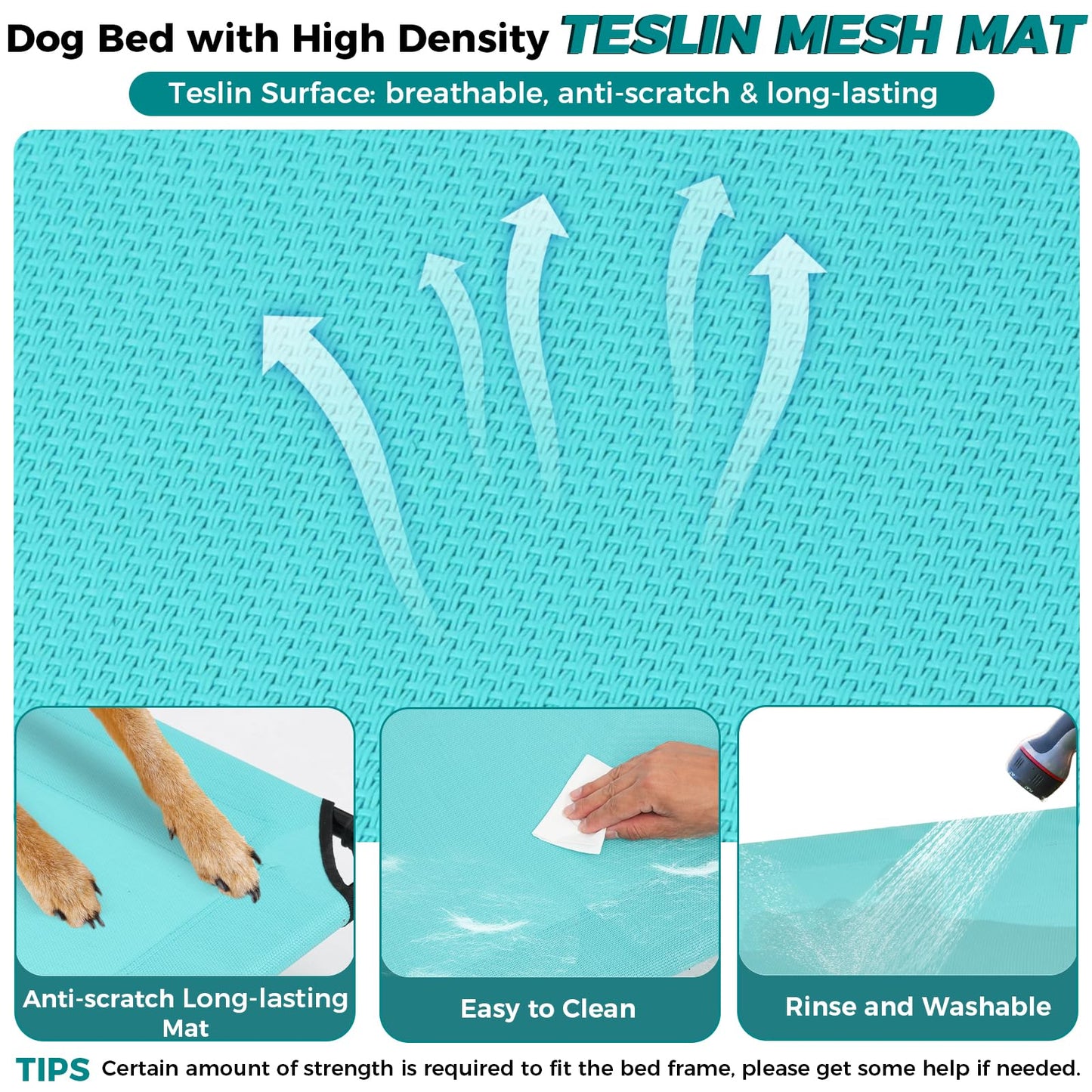 Libbipaw Windproof Elevated Dog Bed with Canopy & Stakes, 3-Sided 90% UV Block, Chew-Proof Teslin Mesh Mat for Large Dogs up to 150lbs(Blue Large)