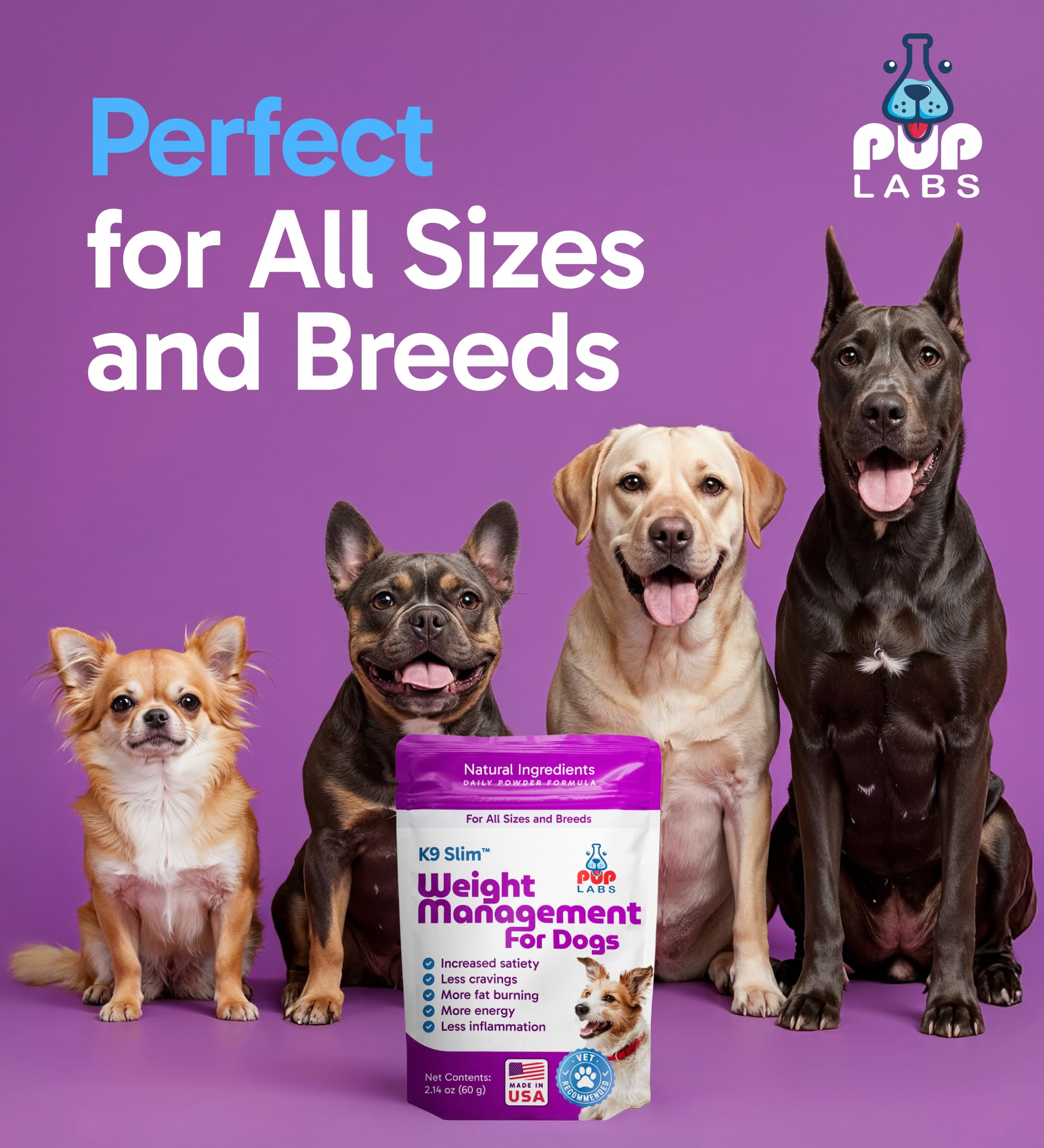 Pup Labs K9 Slim Dog Weight Loss Supplement, Natural Weight Management Dog Food Topper for Less Cravings, More Fat Burning and Energy, 2.14 oz Bag