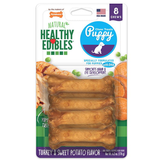 Nylabone Healthy Edibles Natural Puppy Chews Long Lasting Treats for Puppies, Turkey & Sweet Potato Flavor, X-Small/Petite (8 Count)