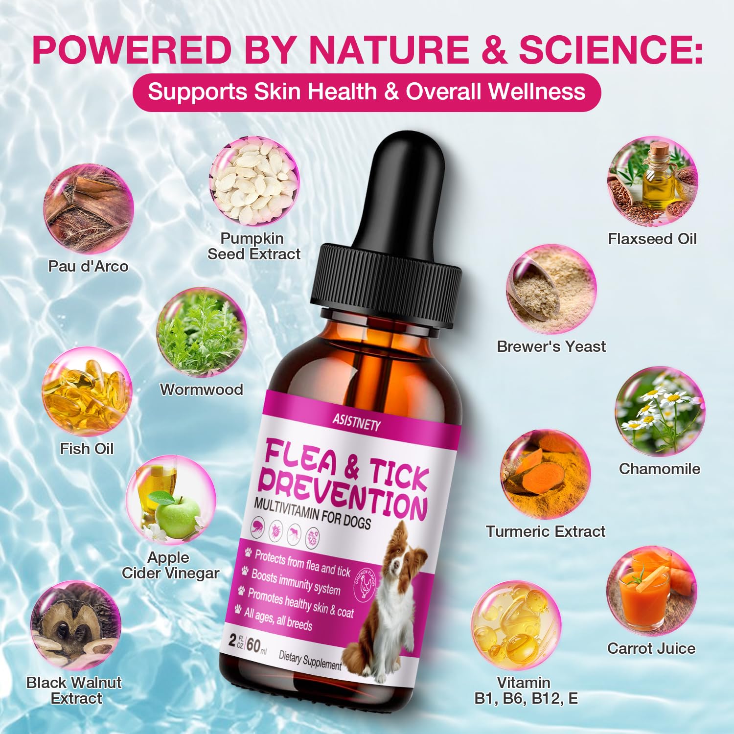 ASISTNETY Flea & Tick Support for Dogs, Natural Dog Flea Liquid Drops, Flea & Tick Supplement with Vitamins & Fish Oil for Dogs