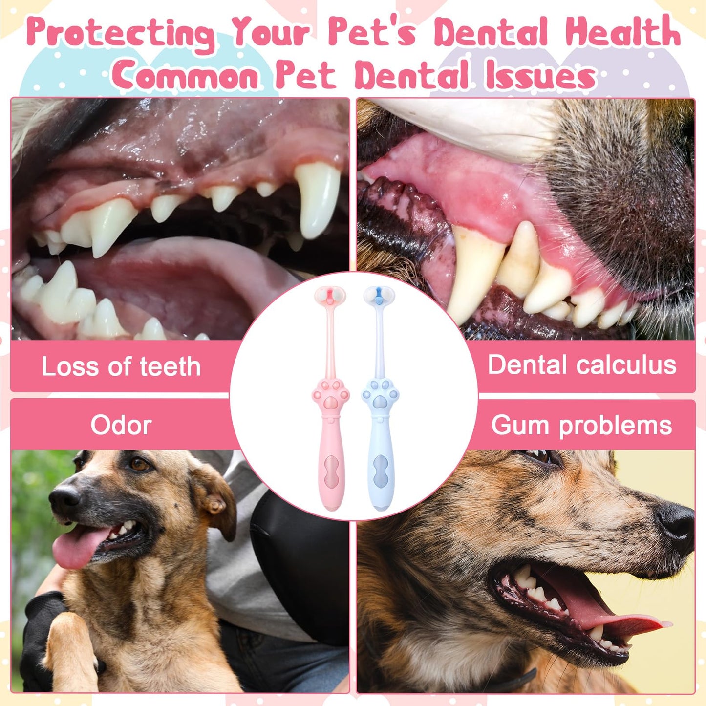 Yuanan 3-Sided Dog Toothbrush, 2 Pack Puppy Toothbrushes, Ultra Soft Dog Teeth Cleaning kit, Pet Dental Oral Care, Dogs Toothbrush Kit for Small and Medium Dogs (Pink, Blue)