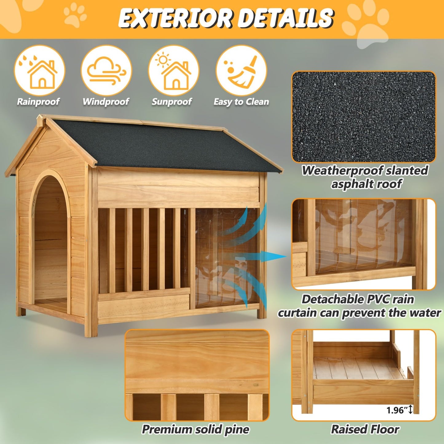 Merax 60.2" Wooden Dog House Outdoor, Extra Large Breed Outside Kennel with Weatherproof, Asphalt Roof, Elevated Floor, Fencing and Porch, for Medium & Large Dogs