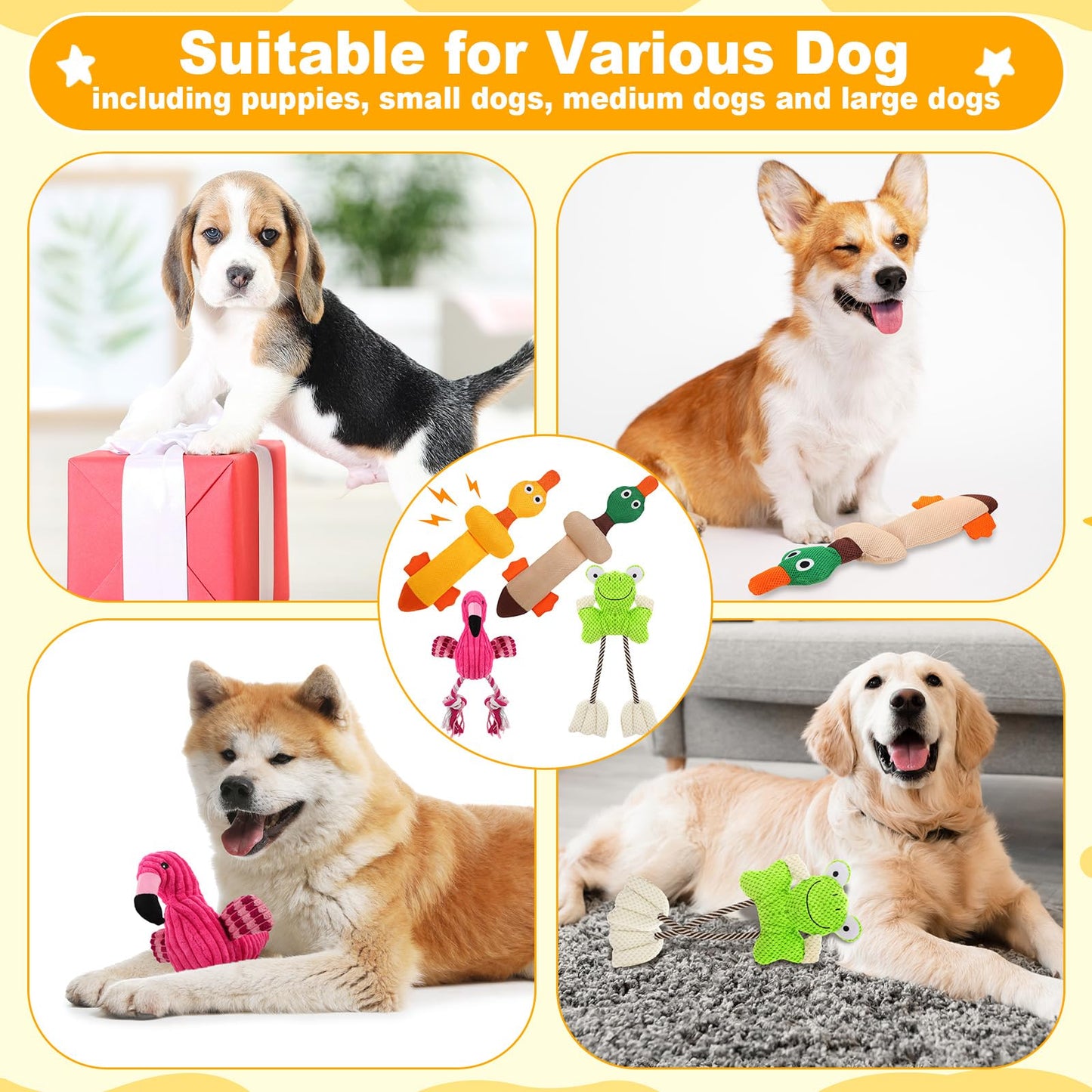 Suilung 4 Pcs Floating Dog Water Pool Toys Cute Flamingo Frog Durable Plush Chew Squeaky Teething Toys for Small Medium Large Breed Dog, Dock Diving and Fetch Training