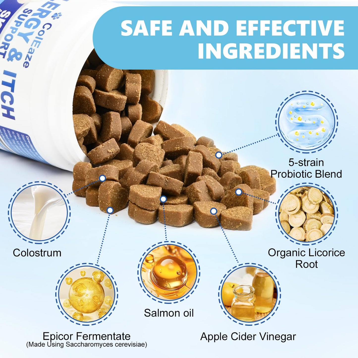 Dog Allergy Chews 200ct, Dog Allergy Skin Relief Chews for Dry Skin, Itchy Skin Relief Supplement for Paw Licking & Anti-Itch for Dogs with Colostrum, Salmon Oil, Probiotics to Boost the Immune System