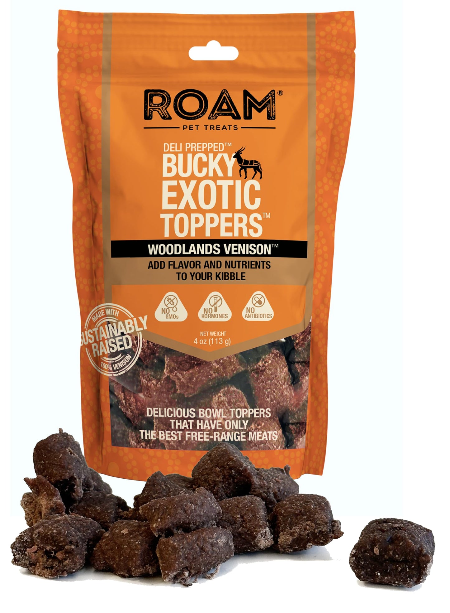 ROAM Pet Treats Bucky Exotic Dog Topper, Venison Dog Treats - Single Protein, Sustainably Raised Venison Meat Dog Food Topper - Non-GMO, 4 Ounce