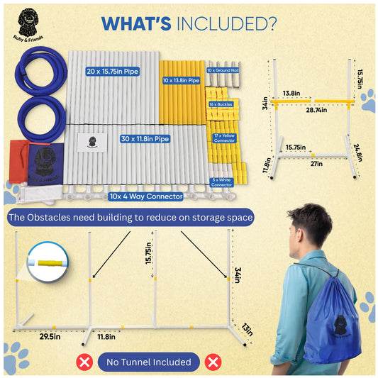 JMMPOO Dog Agility Training Equipment, 60-Piece Dog Obstacle Course Training Starter Kit Pet Outdoor Game with Tunnel, Agility Hurdle, Weave Poles, Jump Ring, Pause Box, Toy Balls and Storage Bag