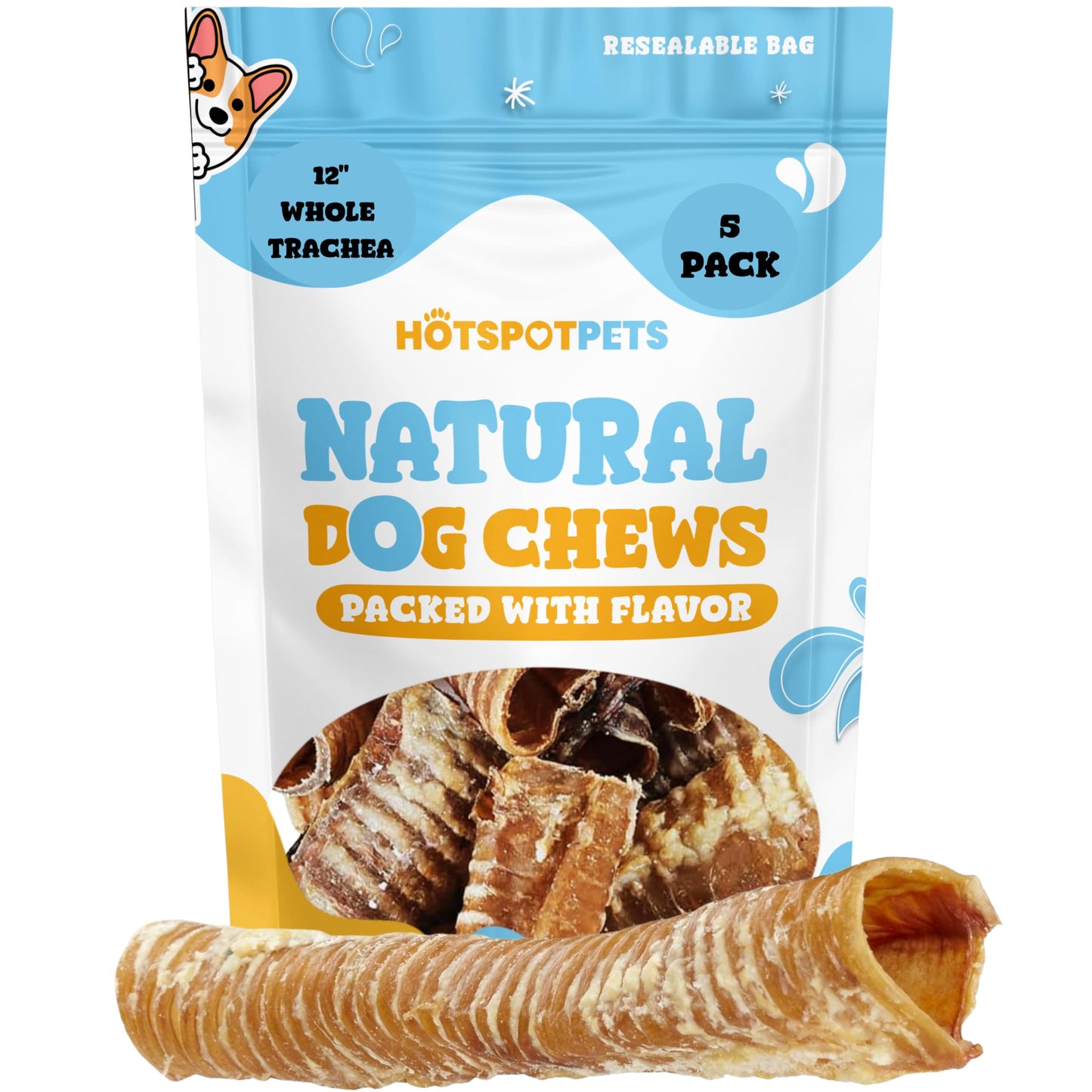 hotspot pets Premium 12'' Beef Trachea for Dogs Large - (5 Pack) All Natural Long Lasting Dog Chews Rich in Glucosamine & Chondroitin 100% Beef Chews Single Ingredient Grass Fed Dog Treats