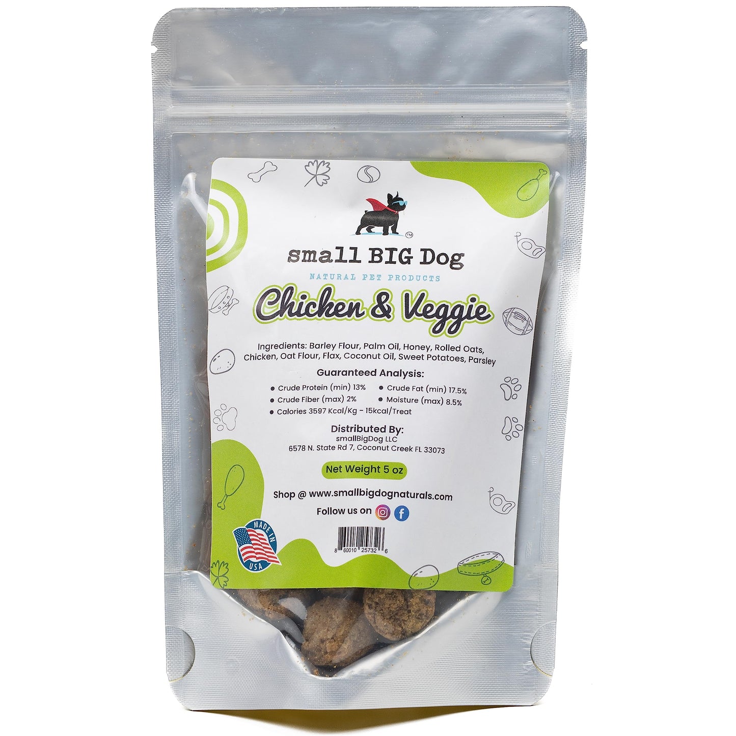 Small Big Dog Chicken & Veggie Treats, Soft, 5 oz., Wheat-Free, 100% Natural Ingredients, Delicious, Great for Senior Dogs and Those with Teeth Issues, Parsley Helps with Bad Breath, and Sweet Potato