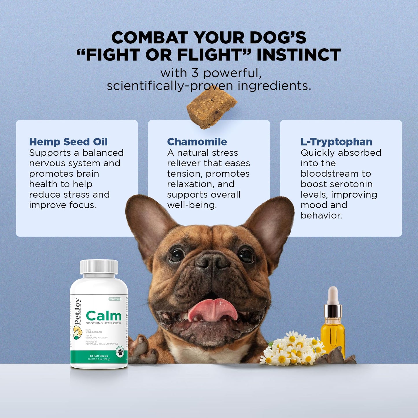 PetJoy Hemp Calming Chews for Dogs Relaxation Separation Anxiety Relief - Hemp Gummies for Calm Dog Sleep Aid for Puppies with Chamomile (60 Bacon Calming Treats)