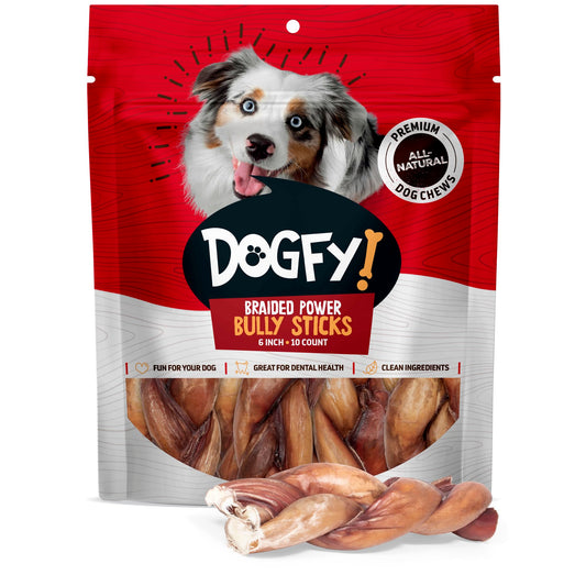 Dogfy Braided Power Bully Sticks Dog Chews (6”, 10-Pack), 2-in-1 Power Chews: Premium Beef Cheek Wrapped in Beef Pizzle, Braided Together for a Very Long Lasting Chew, Great for Medium Dogs