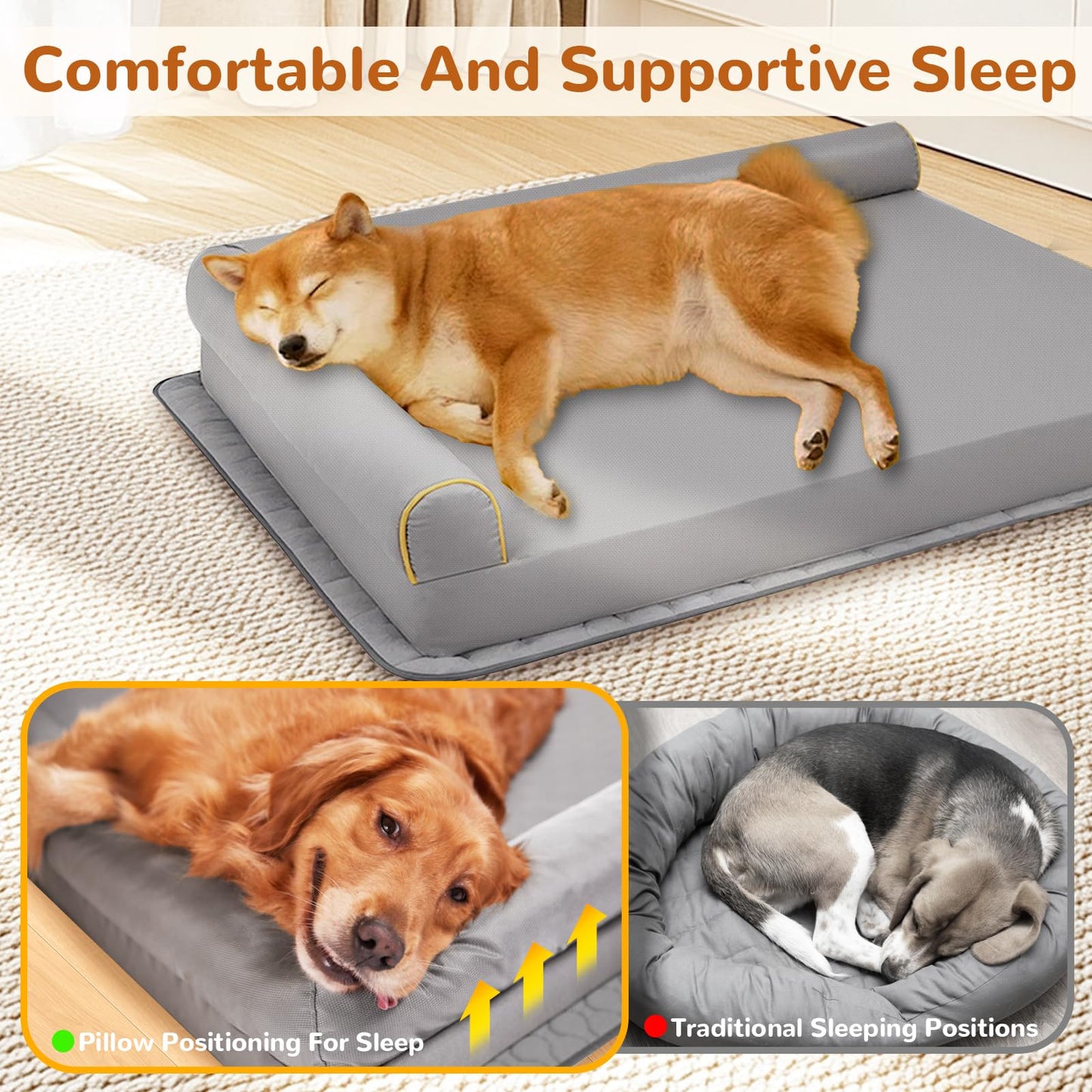 XL Dog Bed Orthopedic Memory Foam Pet Bed Waterproof with Anti-Slip Mat Washable Big Dog Couch Indestructible (Grey)