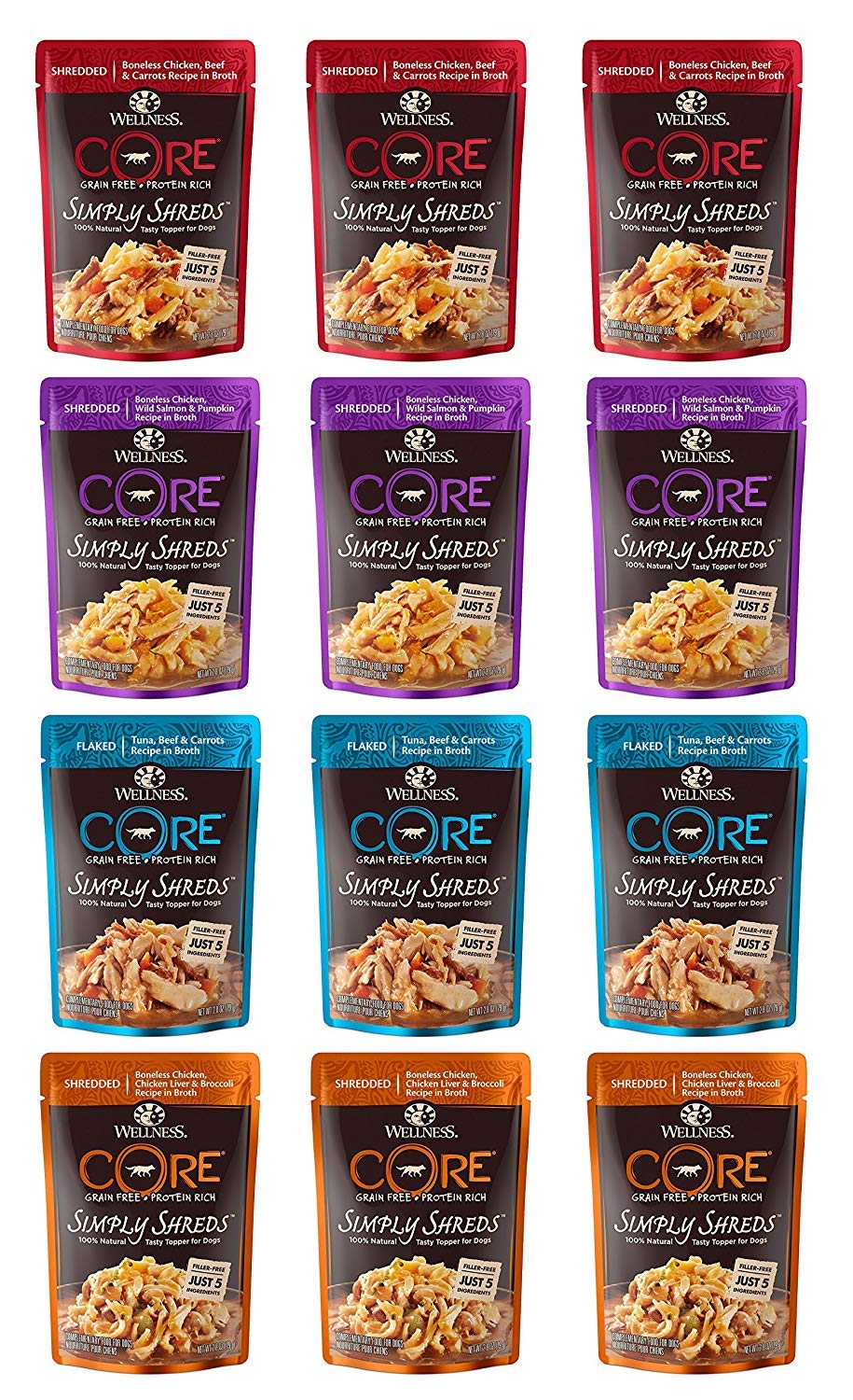Wellness CORE Simply Shreds Natural Grain Free Wet Dog Food Toppers Variety Pack, 4 Flavors, 2.8 ounce Each (12 Total Pouches)