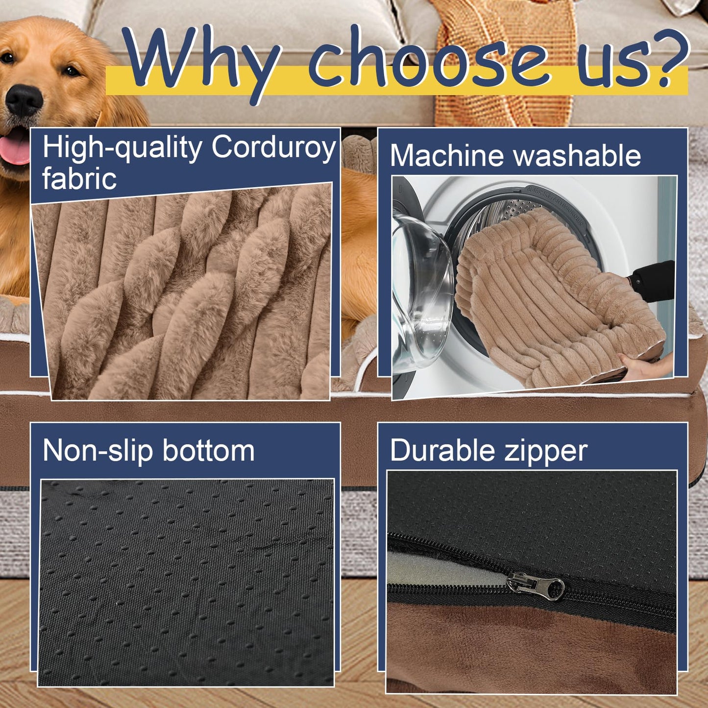 Orthopedic Dog Bed for Large Medium Sized, Washable Memory Foam Large Dog Bed Premium Soft Corduroy Fleece, Durable Medium Pet Sofa with Removable Cover, Washable Waterproof Pet Couch Beds(Brown,XL)