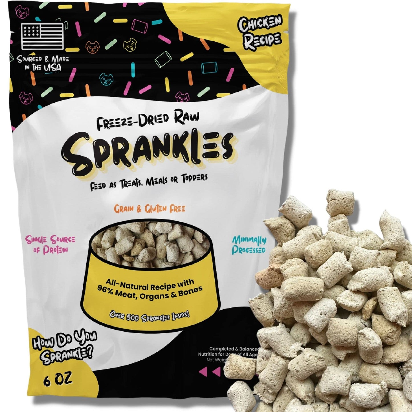 Freeze Dried Dog Food for Small & Large Breeds Dogs, 6 Oz Chicken Dog Food Toppers for Picky Eatres, Made in USA - Grain Free & All Natural Freeze Dried Dog Treats Made with 96% Meat Organs