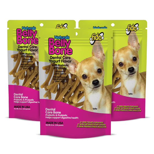 FIDO - Belly Bones for Dogs, Yogurt Flavored Mini Dog Dental Treats - 21 Treats Per Pack, 3 Pack - for Small Dogs, Made in USA, Plaque & Tartar Control, Fresh Breath, Digestive Health Support