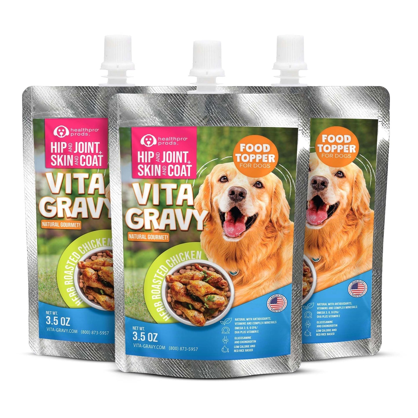 Healthpro VitaGravy® Dog Food Topper, Natural Dog Treat. Real, Herb Roasted Chicken Purée Delicious and Delightful. Dogs Love its Irresistable Real Human, Food-Grade Ingredients! 3.5oz, 3 Pk