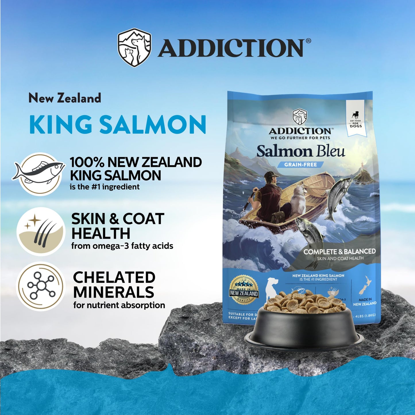 Addiction Salmon Bleu Grain-Free Dry Dog Food - Rich in Prebiotics to Support Skin, Coat & Cognitive Health - Salmon Recipe for All Dog Life Stages - Made in New Zealand 4 lb