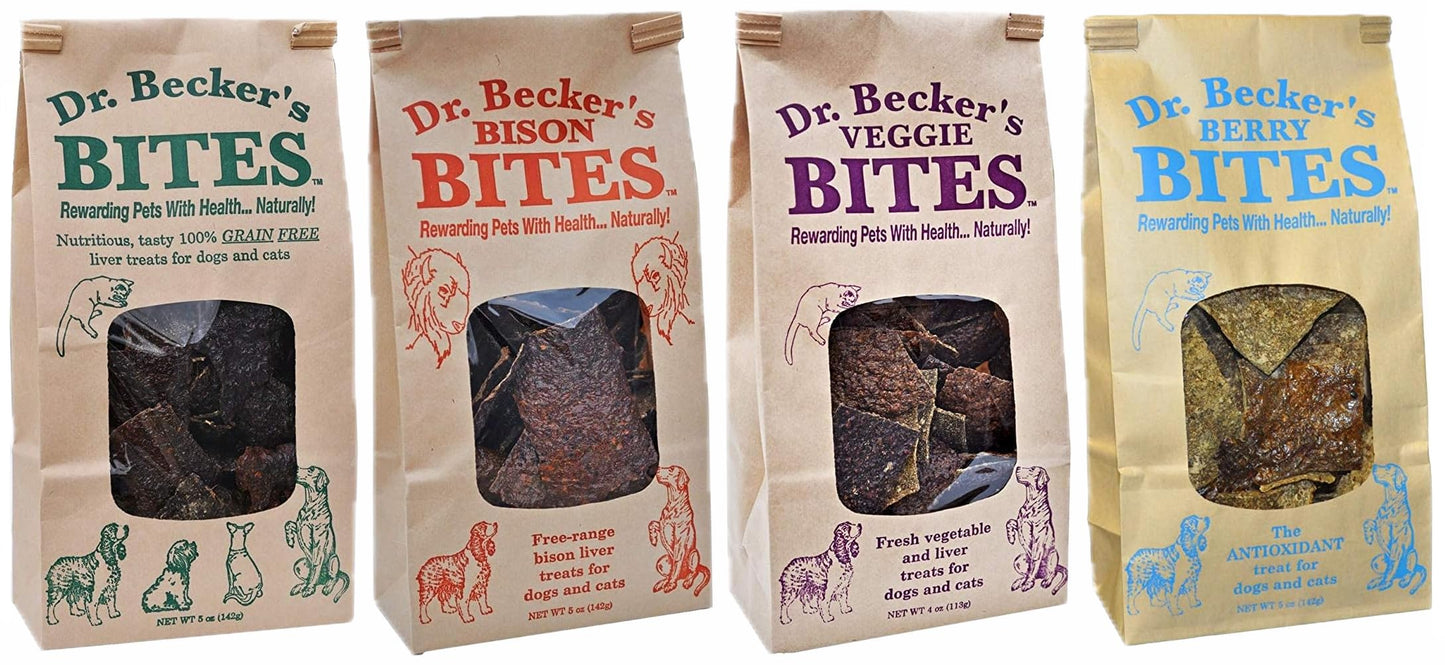 Dr. Becker's Bites Flavor Variety Pack | All Natural Whole Food | Four Versatile Treats for Dogs and Cats | Includes Bison, Beef, Veggie & Berry Bites