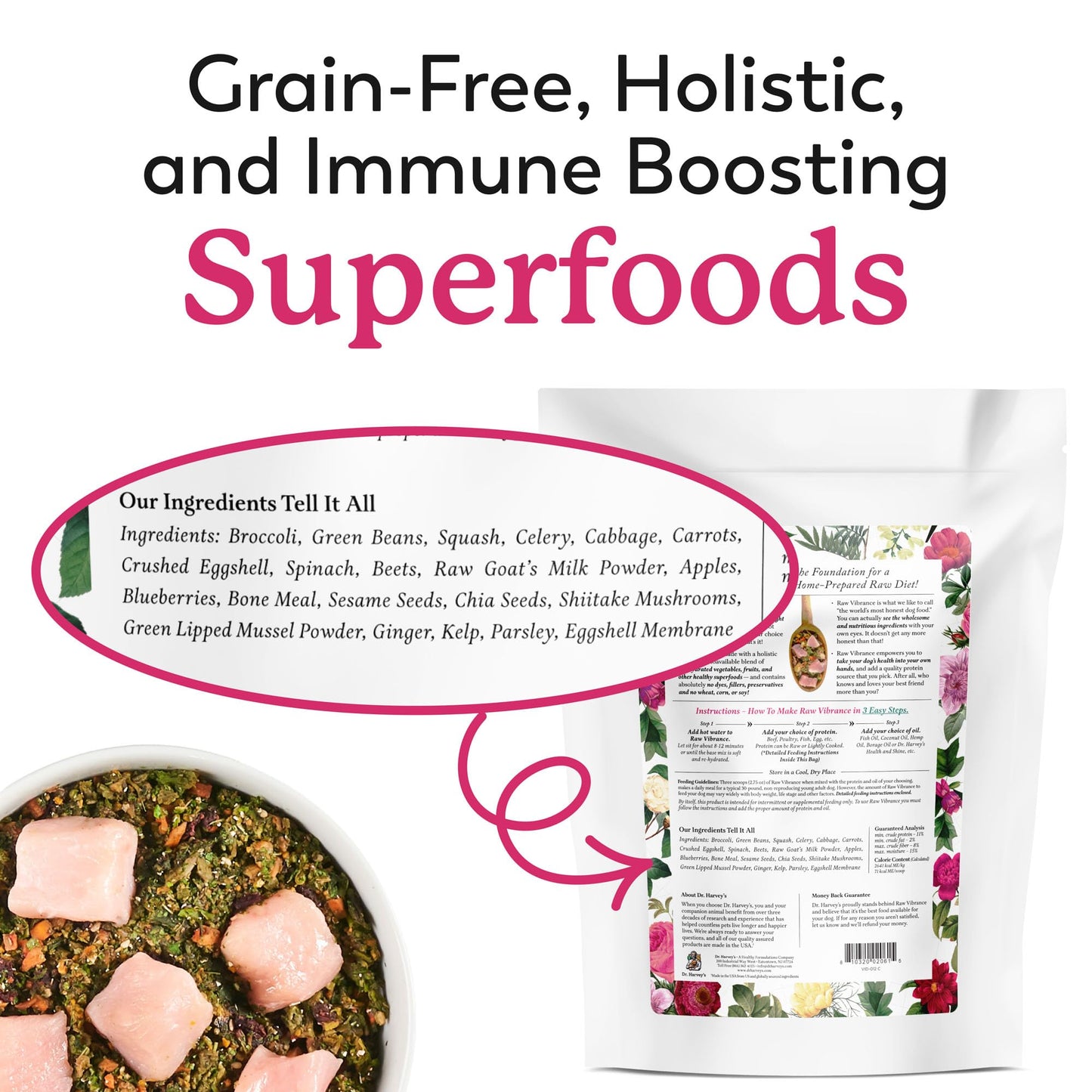 Dr. Harvey's Raw Vibrance Dog Food, Human Grade Dehydrated Base Mix for Dogs, Grain Free Raw Diet (3 Pounds)