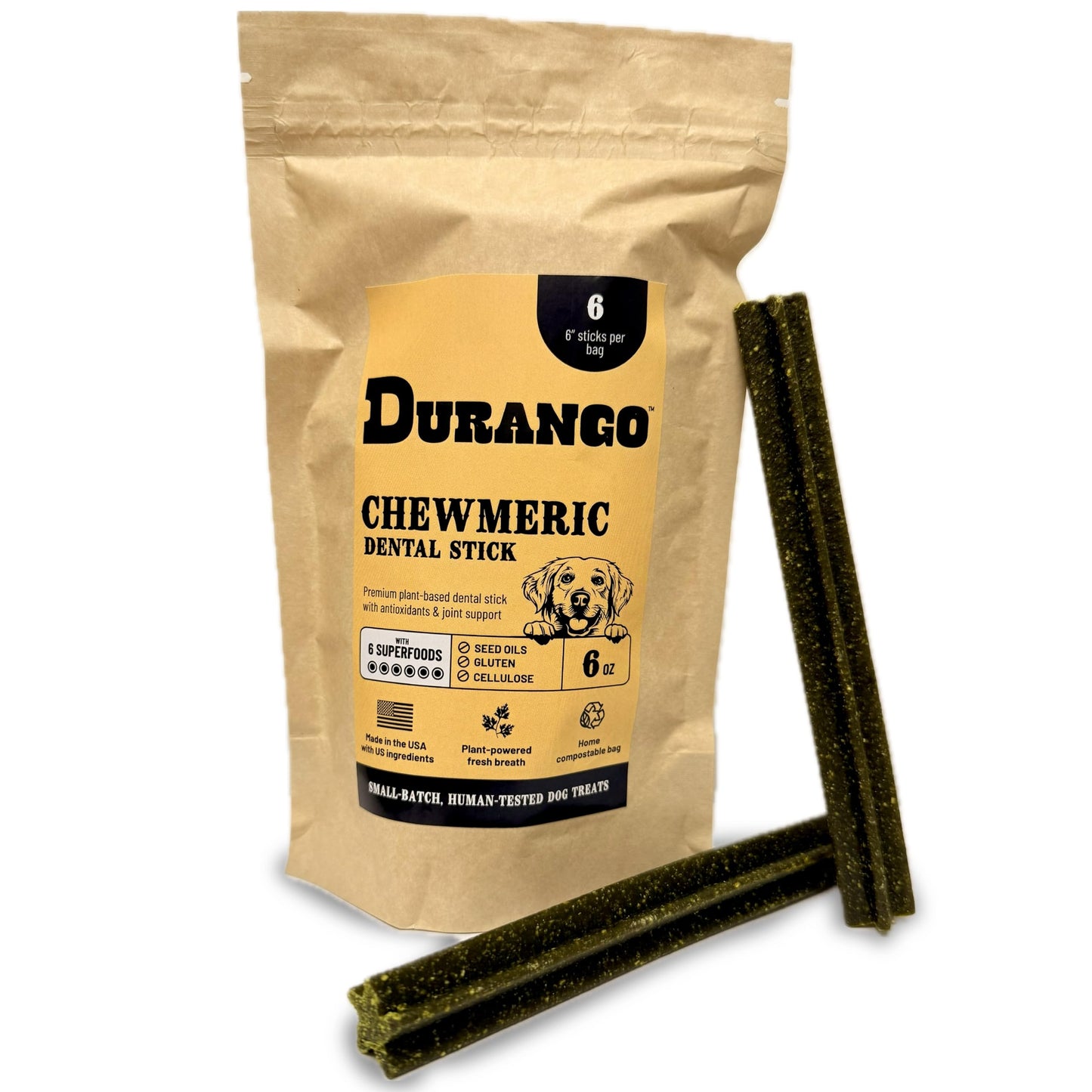 Durango Chewmeric Dental Sticks for Dogs – 6” Plant-Based Dog Chews with Turmeric, Spirulina, and Peppermint – Fresh Breath & Joint Support – Grain-Free Vegan Treats – Made in USA (6 Count)