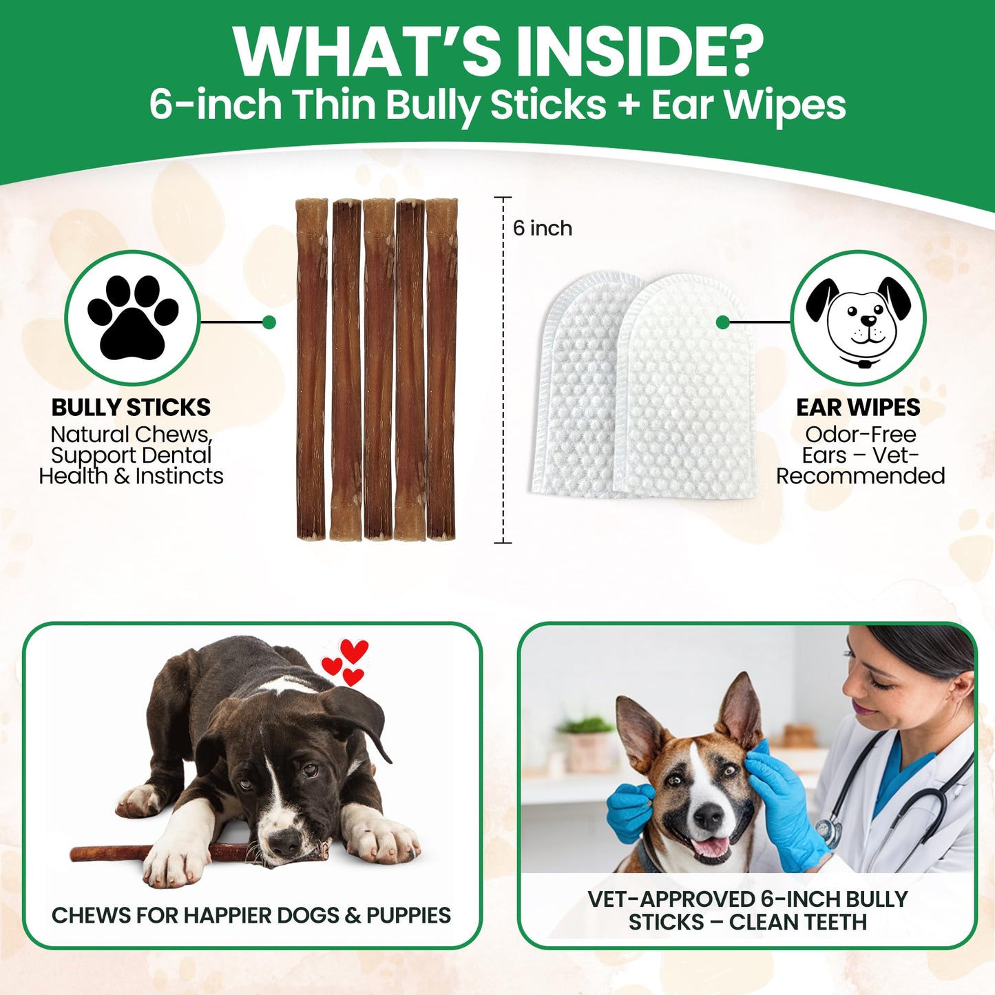 Thin 6โ Bully Sticks for Dogs - 10 Count - 100% Natural, Odor Free Grass-Fed Beef Pizzle Sticks for Dogs - Fully Digestible, Rawhide Puppy Bully Sticks for Small & Medium Dog - Free Ear Wipes