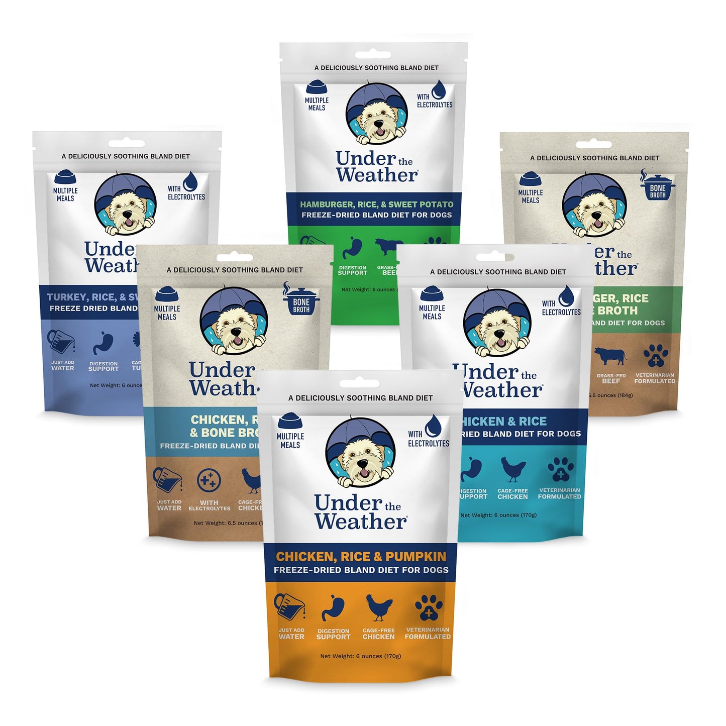 Under the Weather Bland Diet for Dogs | Easy to Digest for Sick Dogs | Always Be Ready | Contains Electrolytes - All Natural Freeze Dried 100% Human Grade Meats | 6 Pack - Multiflavor - 6oz