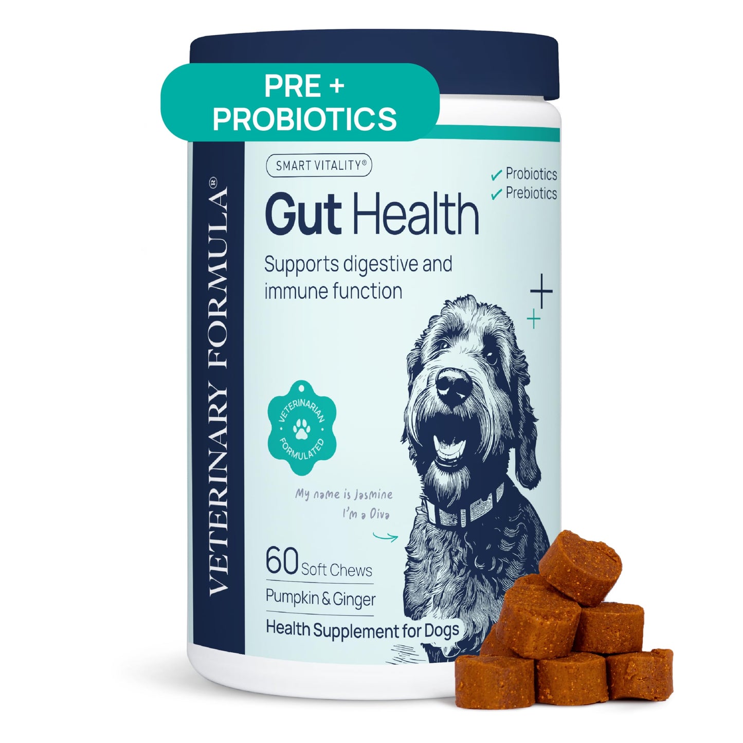 Veterinary Formula Gut Health Supplement for Dogs – Vet-Formulated Probiotic Chews with Digestive Enzymes & Fiber – Smart Vitality Supports Digestive Health, Gut Balance & Stool Quality, 60 Soft Chews
