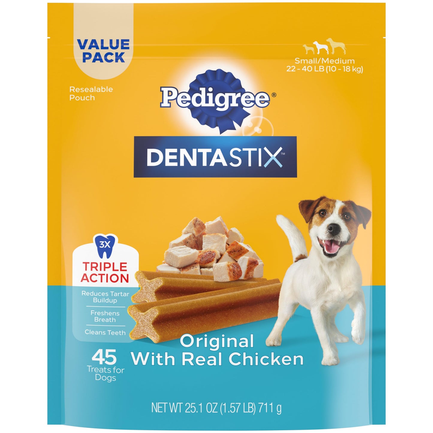 Pedigree Dentastix Small & Medium Breed Dog Treats, Original with Real Chicken, 21.1 oz. Bag (45 Treats)