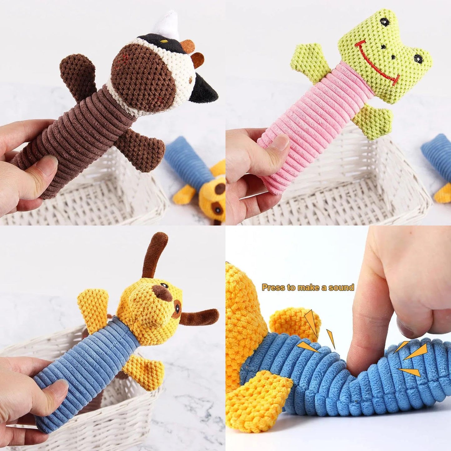 3 Piece Dog Toy Set — Stuffed Animals Chew Toy, Pet Squeakers Toys for Dogs — Durable Puppy Plush Toy Medium, Small Breed Outdoor, Indoor Chewers Squeaky Toys for Puppies — Calf, Frog, Puppy