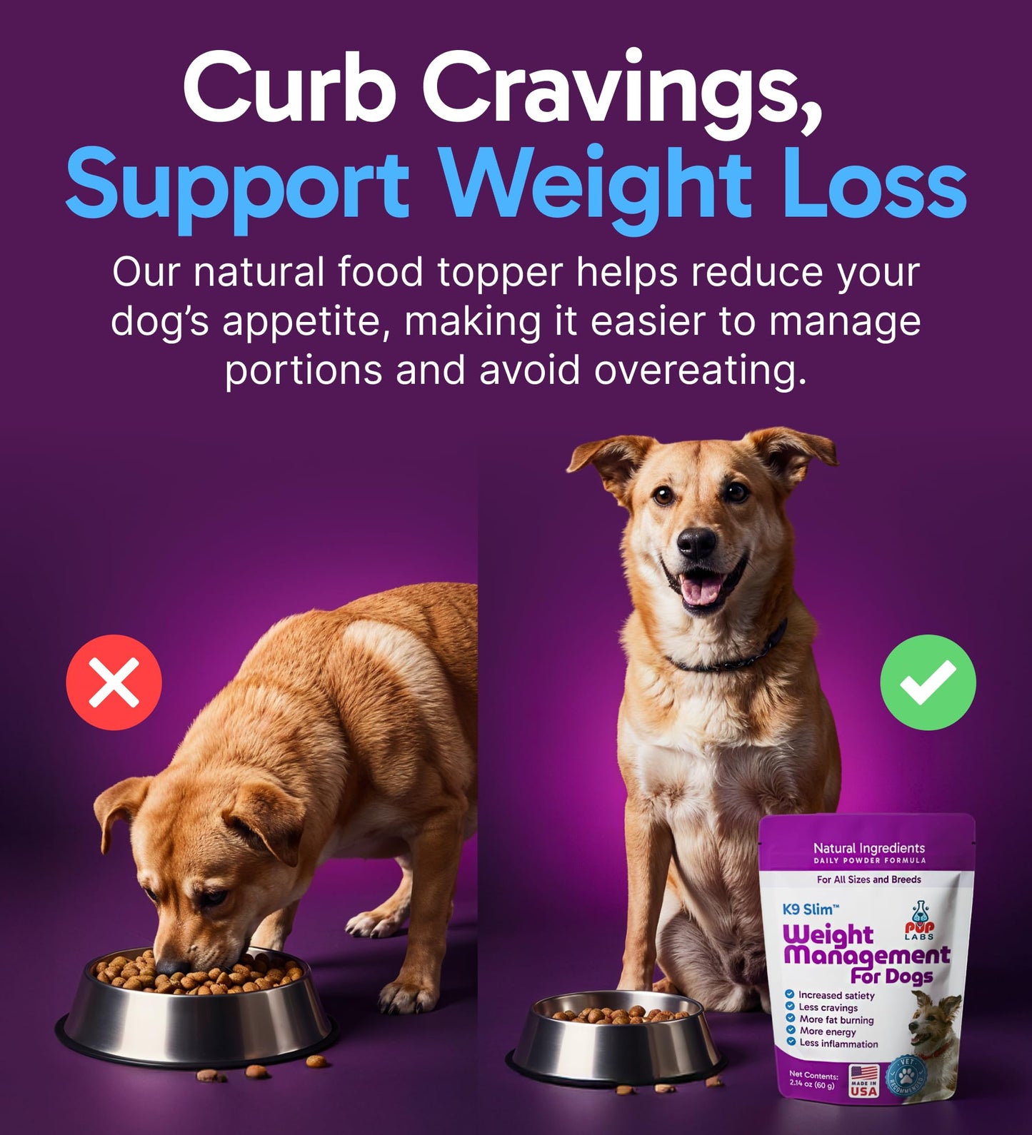 Pup Labs K9 Slim Dog Weight Loss Supplement, Natural Weight Management Dog Food Topper for Less Cravings, More Fat Burning and Energy, 2.14 oz Bag