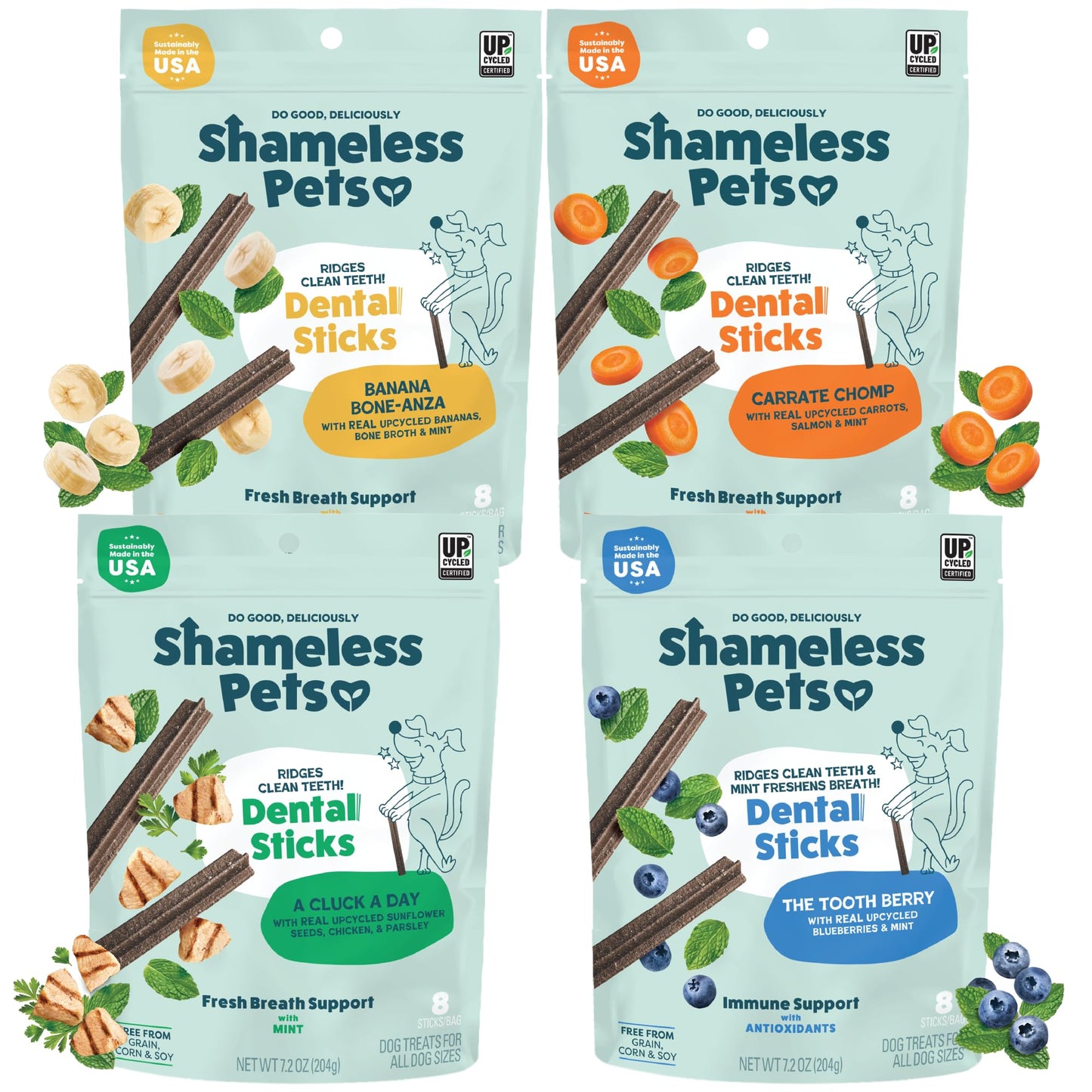 Shameless Pets Dental Treats for Dogs, Variety (4-Pack) - Healthy Sticks for Teeth Cleaning & Fresh Breath - Dog Bones Dental Chews Free from Grain, Corn & Soy
