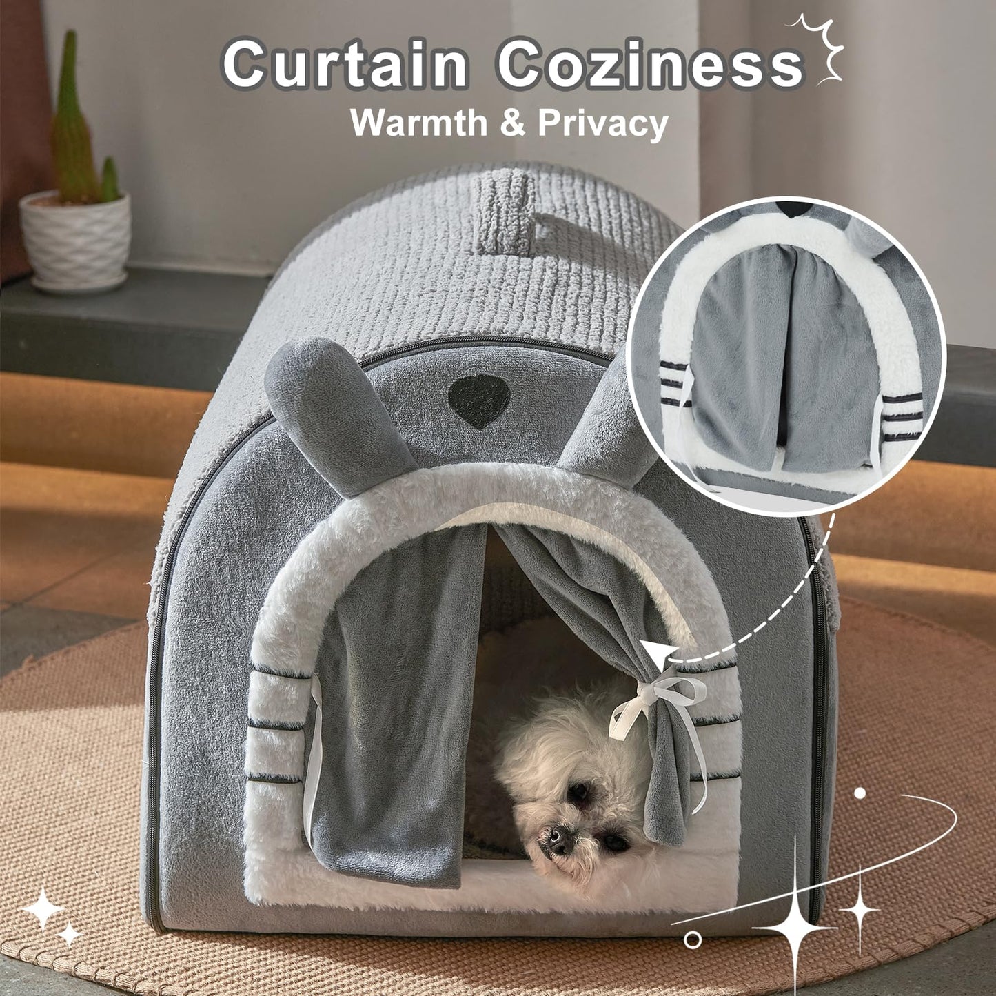 Jiupety Small Dog House Indoor, Dog Cave with Door Curtain Design, Puppy House with Reversible Washable Cushion, M Size Portable Pet Cave for Small Dogs Up to 12 Lbs, Non-Slip Bottom, Grey