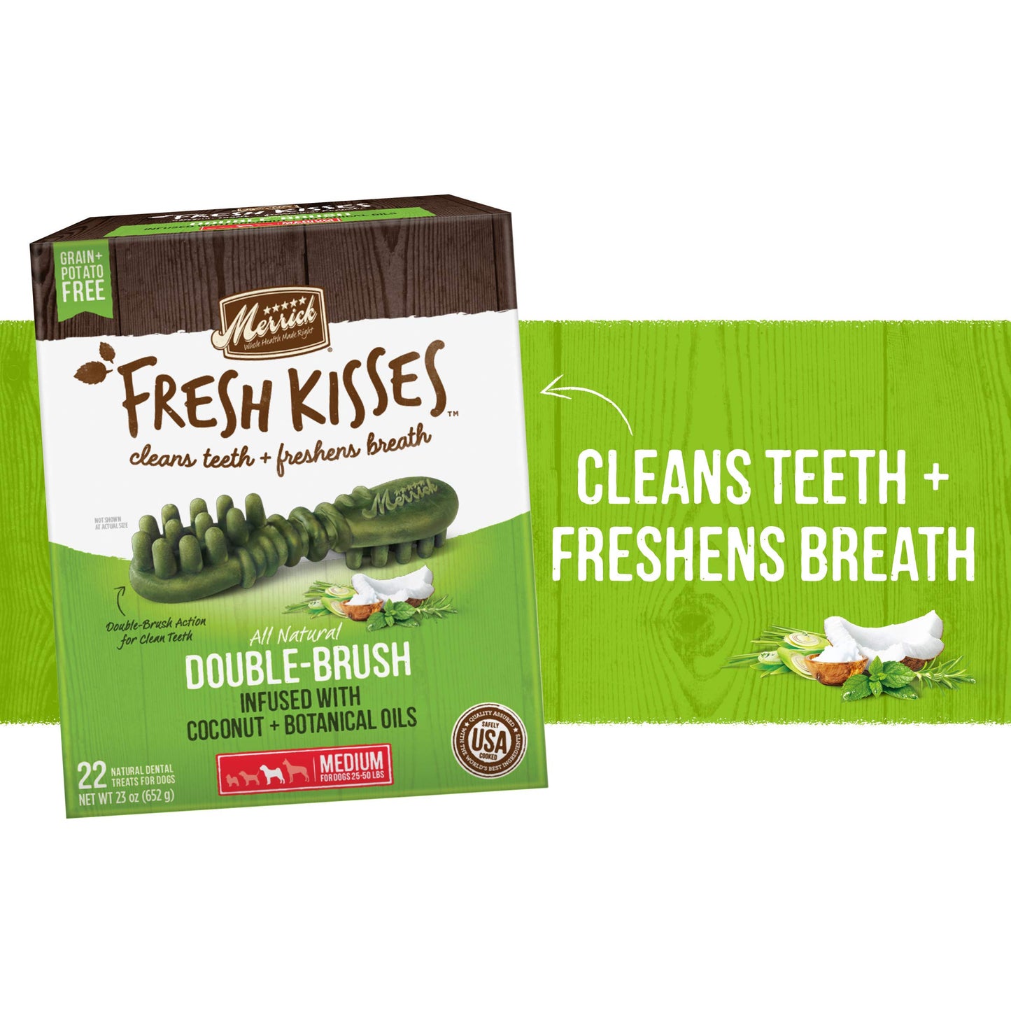 Merrick Fresh Kisses Natural Dental Chews Infused With Coconut And Botanical Oils For Medium Dogs 25-50 Lbs - 22 ct. Box