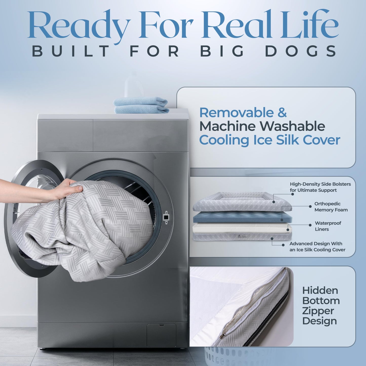 Big Paws Large Cooling Orthopedic Dog Bed for Large Dogs - Ice Silk Cooling Cover, 5 Waterproof Liners, Non-Slip Bottom, Raised Bolsters, Machine Washable Dog Bed - Gray