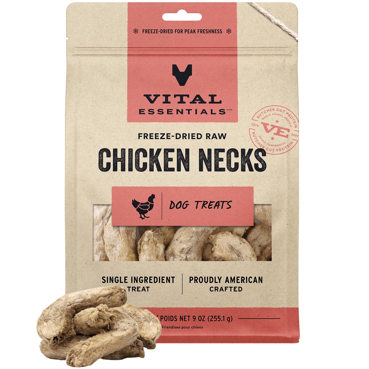 Vital Essentials Chicken Necks Dog Treats, 9 oz | Freeze-Dried Raw | Single Ingredient | Premium Quality High Protein Training Treats | Grain Free, Gluten Free, Filler Free