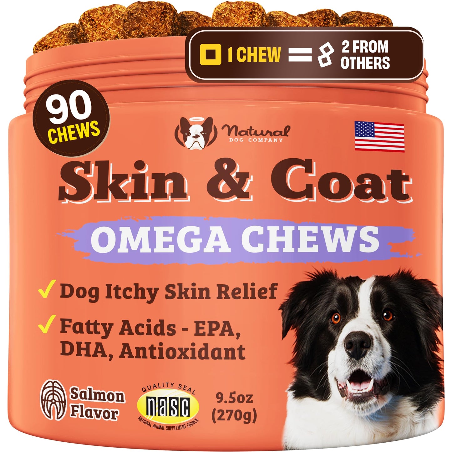 Natural Dog Company Skin & Coat Supplement for Dogs Omega-3 Rich Salmon Oil Chews for Itchy Skin Relief, Shedding & Allergy Support, Shiny Coat Health, with Biotin, Vitamin E, Grain-Free (90 Count)