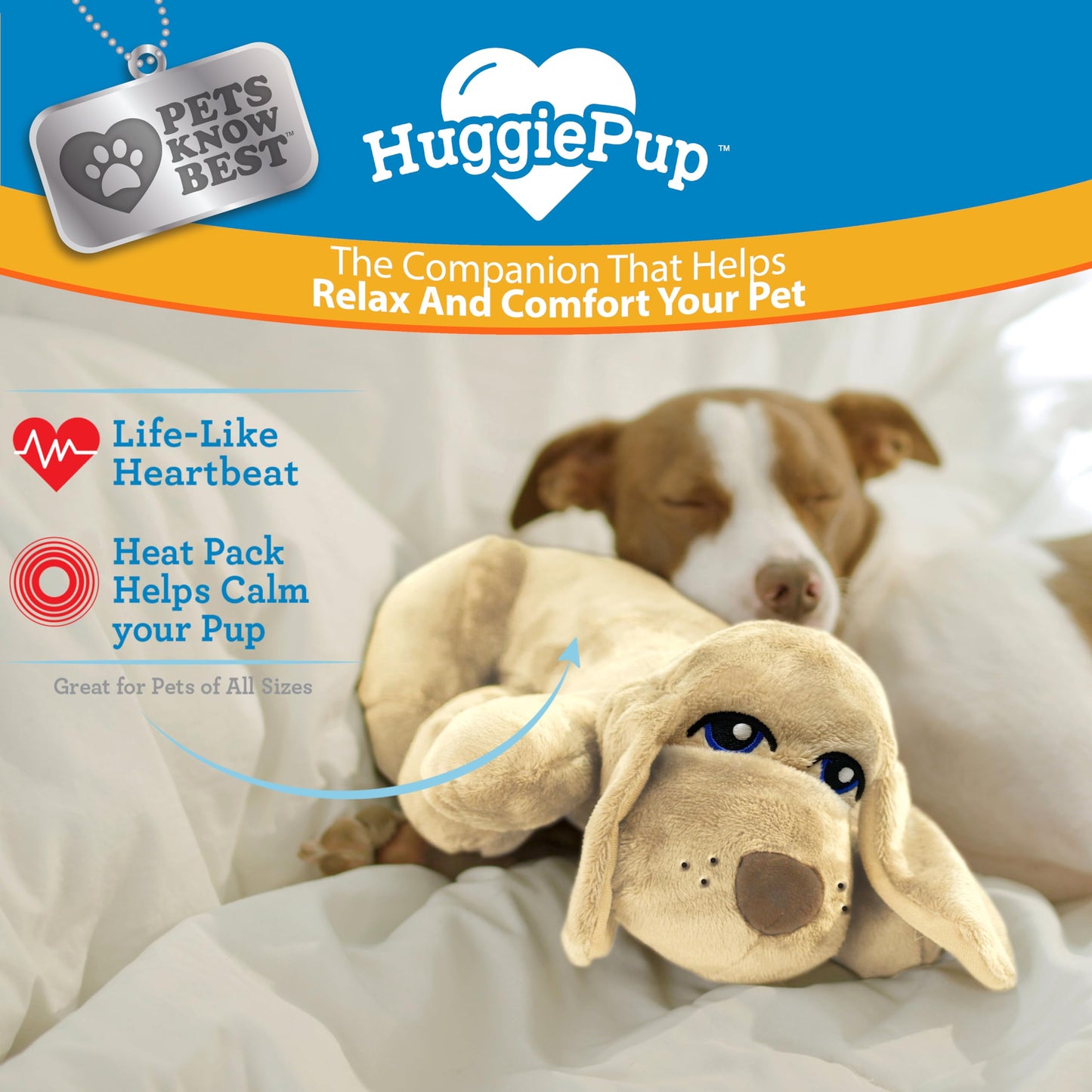 HuggiePup by Pets | Comfort Companion with Heartbeat Sleep Aide for Dogs & Puppies, Heating for Calming Relief Day or Night, Crate & Behavioral Training Essential Breeds | Golden