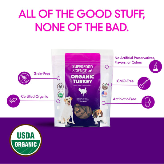 Organic Dog Treats for Small, Medium & Large Dogs – All-Natural Turkey Training Treats for Puppies & Adult Dogs, Grain-Free, Hypoallergenic, Healthy, Low-Calorie, Semi-Soft Chews, Made in USA, 5 oz