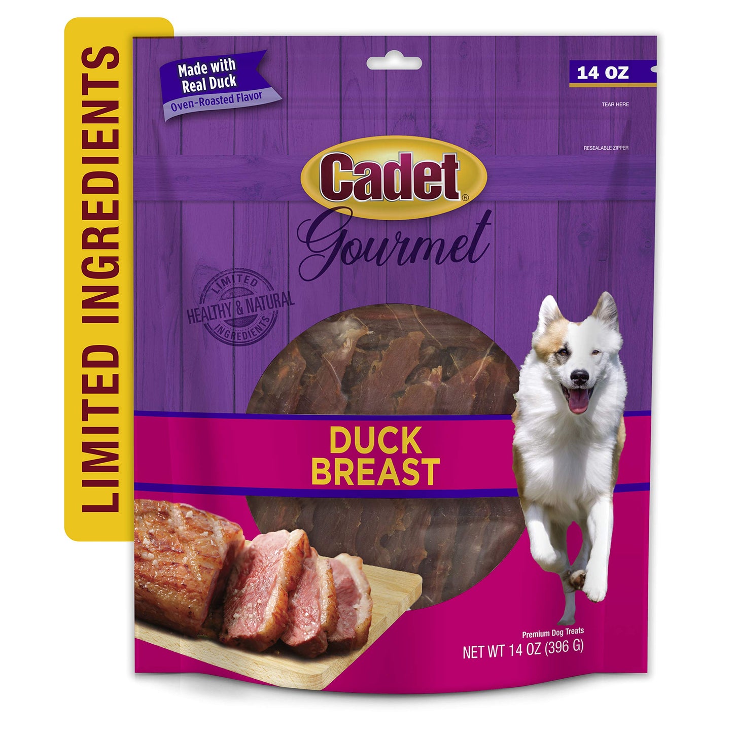 Cadet Gourmet Duck Breast Jerky Dog Treats, Healthy, Long-Lasting High-Protein Training Treats for Small & Large Dogs, 14 oz.