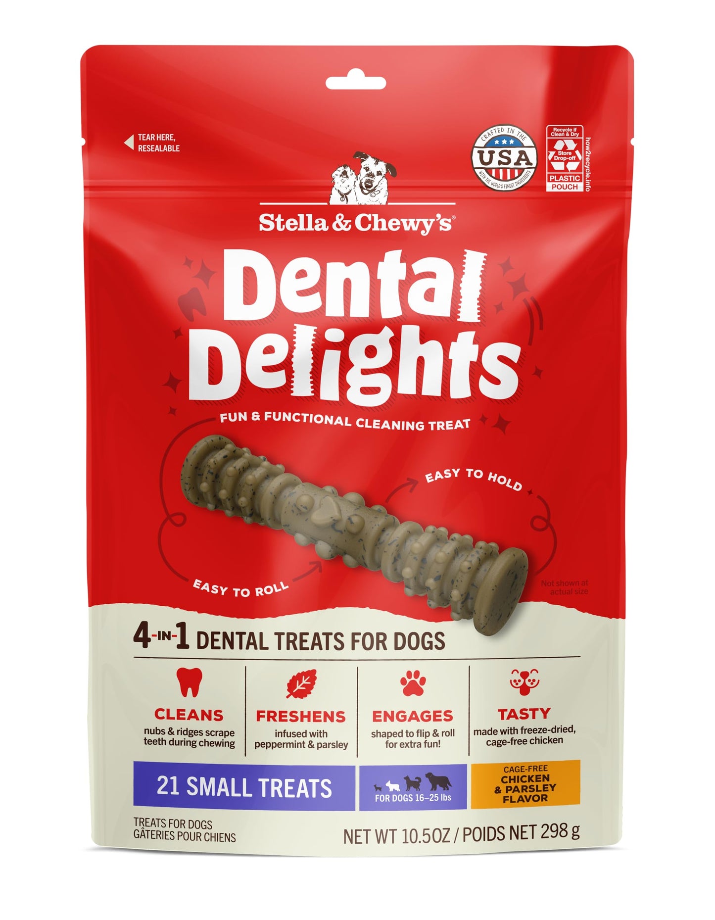 Stella & Chewy's Dental Delights - Freeze-Dried Raw Chicken Dental Treats for Small Dogs - Teeth Cleaning & Breath Freshening Chews with Ridges & Nubs - Made in USA - 10.5 oz - 21 Small Treats
