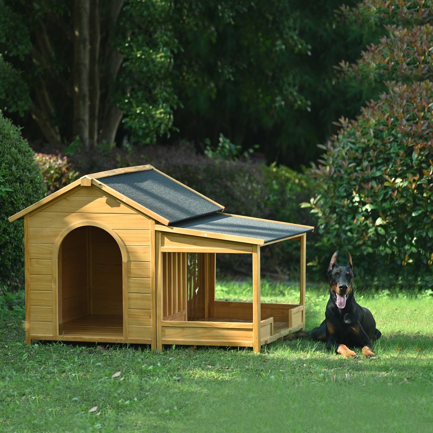 Merax 60.2" Wooden Dog House Outdoor, Extra Large Breed Outside Kennel with Weatherproof, Asphalt Roof, Elevated Floor, Fencing and Porch, for Medium & Large Dogs