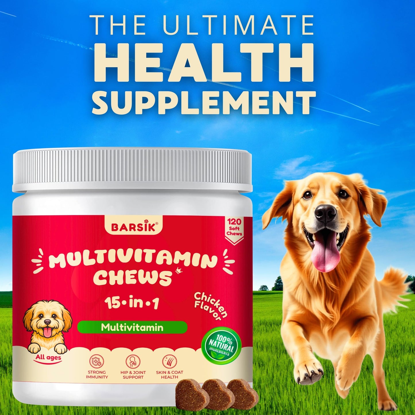 Dog Multivitamin, Chewable Dog Vitamins and Supplements for Hip & Joints, Skin & Coat, Omega 3 Oil for Dogs Immune, Heart & Digestive Health, Senior & Puppy Multivitamin - Chicken Flavor - 120ct
