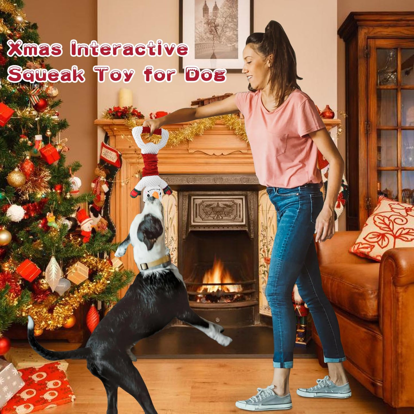 CooShou Big Dog Xmas Plush Toy with Crinkle Paper Pull Interactive Squeaky Entertainment Toy for Puppy