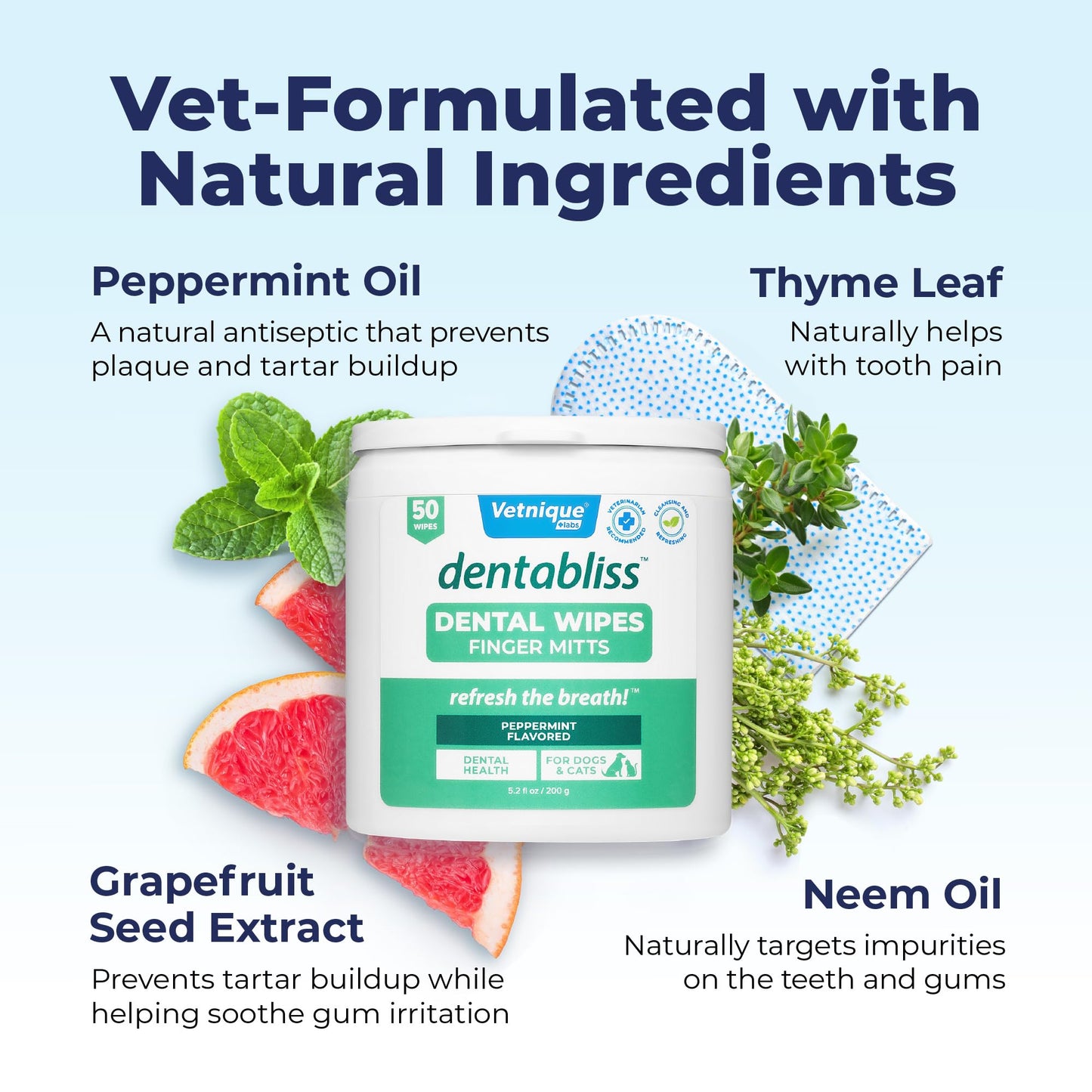 Vetnique Dentabliss - Dog Teeth Cleaning Finger Mitt Dental Wipe - Dog Plaque & Tartar Prevention with Brushing Beads - Flavored Dog Teeth Wipes, Dog Breath Freshener (Peppermint)