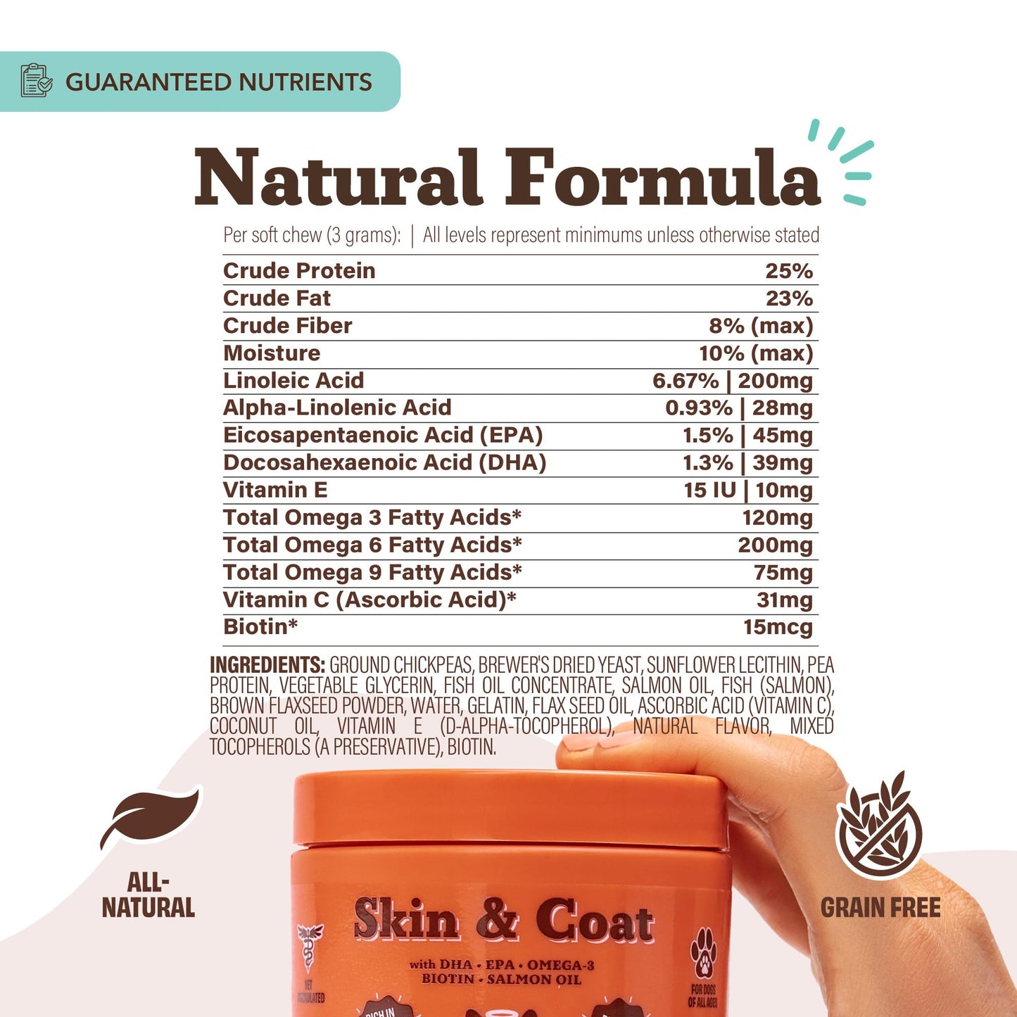 Natural Dog Company Skin & Coat Supplement for Dogs Omega-3 Rich Salmon Oil Chews for Itchy Skin Relief, Shedding & Allergy Support, Shiny Coat Health, with Biotin, Vitamin E, Grain-Free (90 Count)