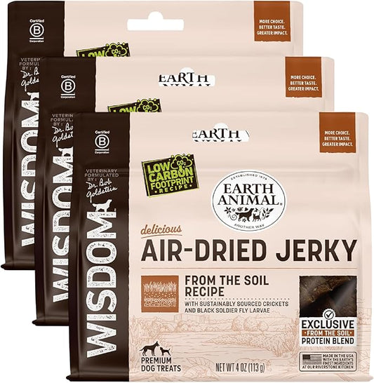 Earth Animal Wisdom Air-Dried from The Soil Recipe Premium Natural Insect-Based Jerky Strips Dog Treats, 4 oz. Bag (Pack of 3)
