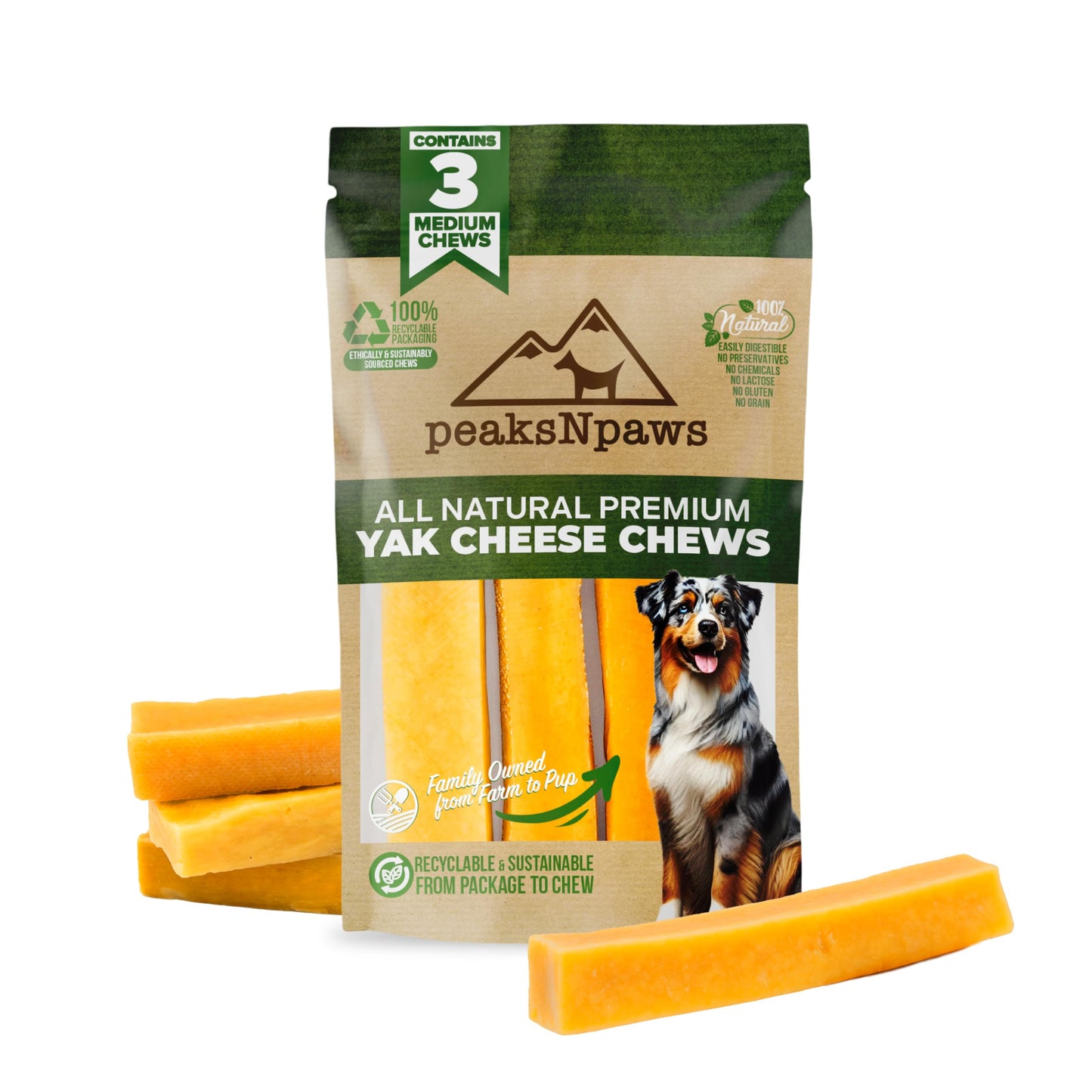 peaksNpaws Himalayan Dog Chews, High Protein Yak Cheese, Lactose Free, Natural Dog Treat, Long Lasting Chew Stick for Aggressive Chewers Under 35 lbs, 3 Medium Sticks, 100% Eco-Friendly Packaging
