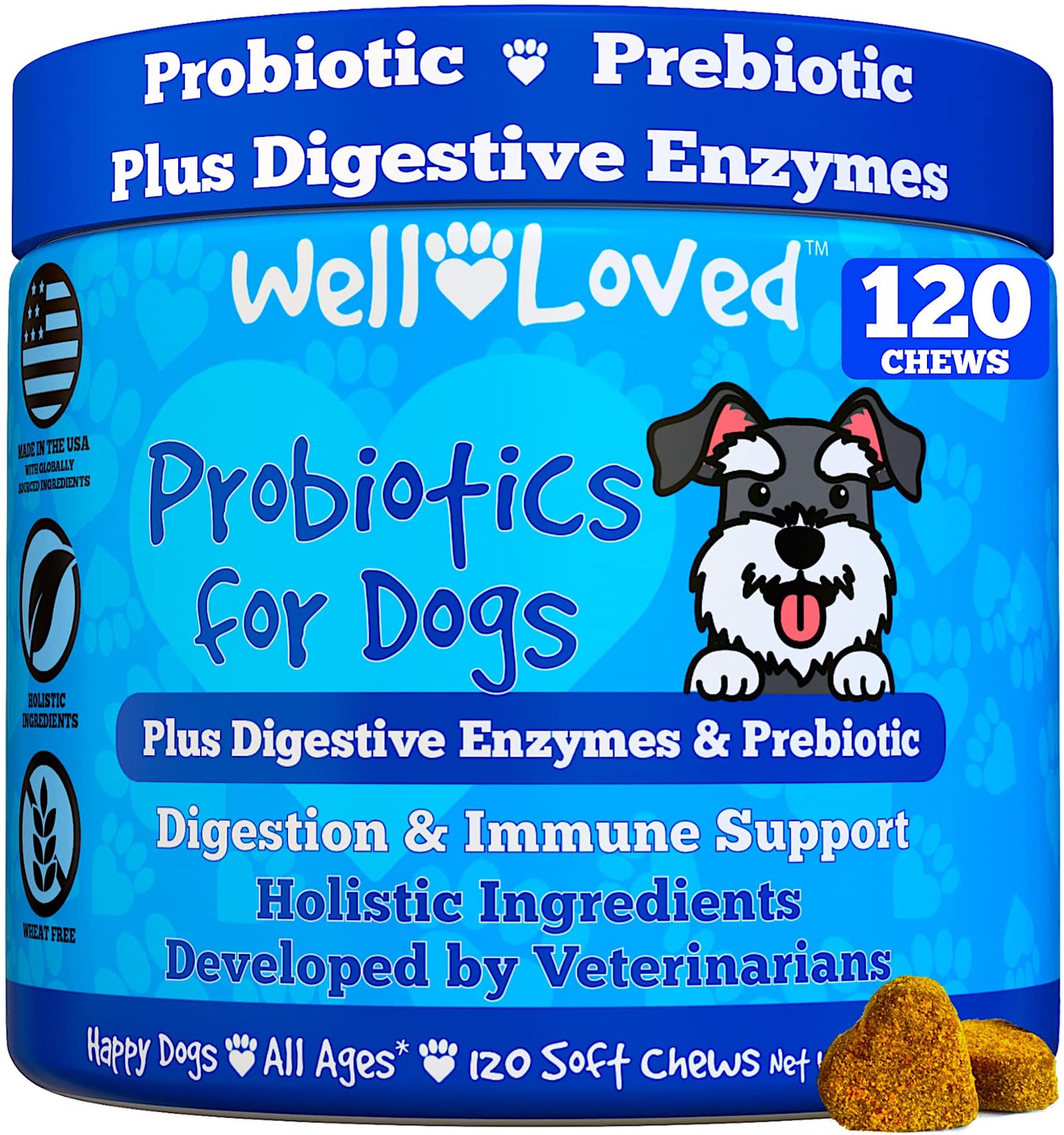Well Loved Probiotics for Dogs, Dog Probiotics, Made in USA, Vet Developed for Gut Health, Yeast Balance, Itchy Skin, Diarrhea & Gas Relief, Chews with Prebiotic & Digestive Enzymes, Digestive Support